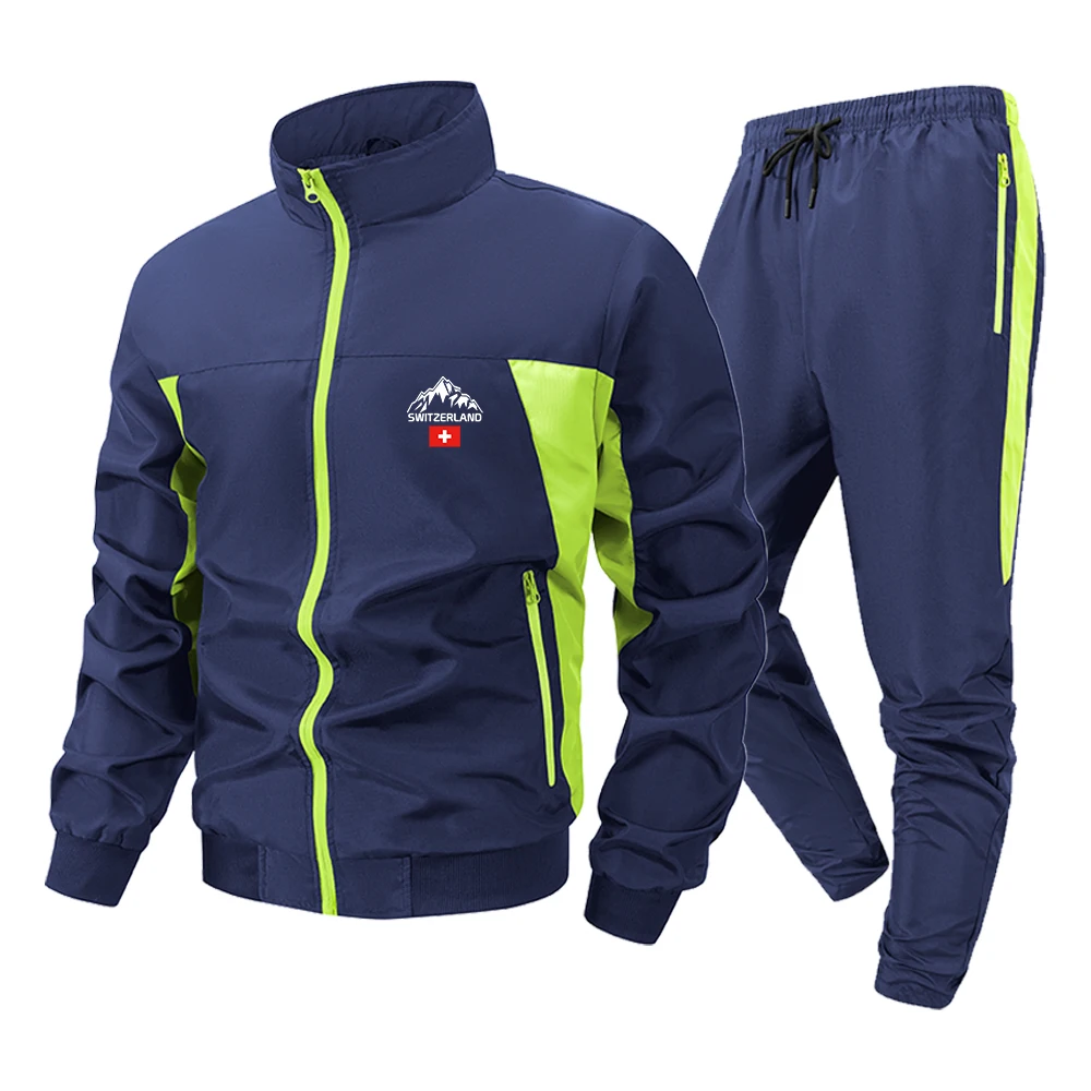 

2 Piece Men's Mountain Print Tracksuit Set Contrast Patchwork Zipper Jacket and Pants Streetwear Casual Jogging Gym Sweat Suit
