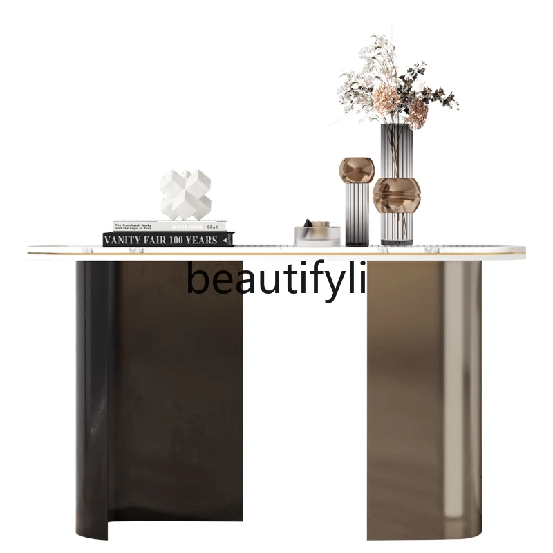 

Light luxury rock slab stainless steel entrance cabinet case desk entrance corridor end view desk