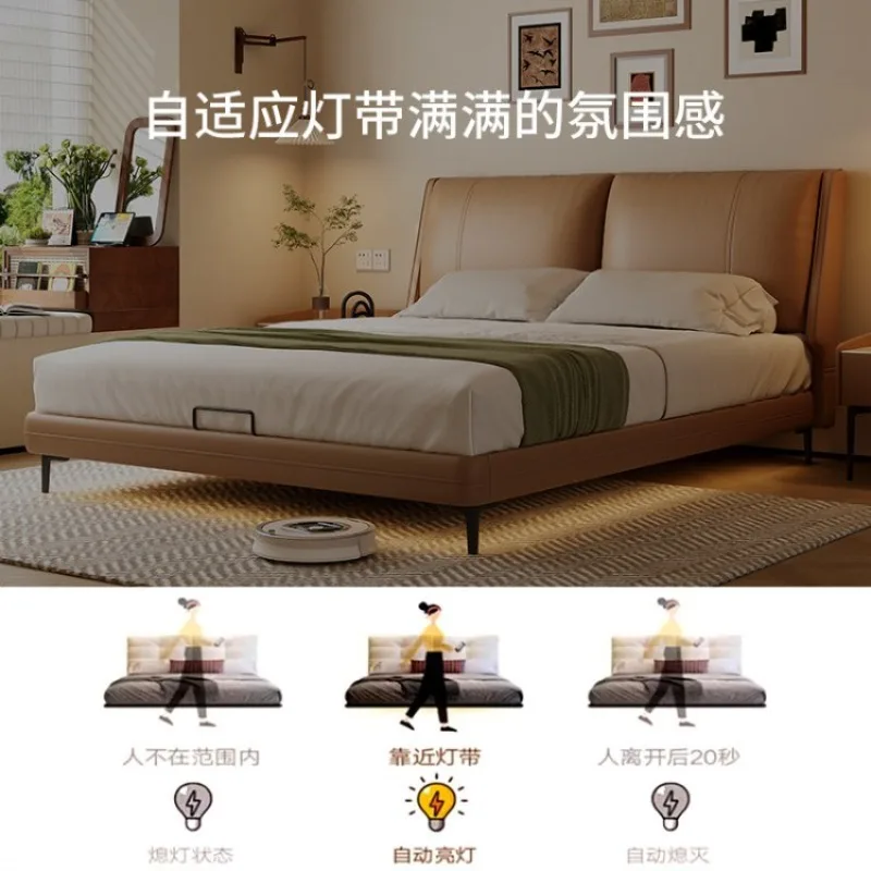 Simple and light luxury modern full solid wood leather art bed, double master bed, Italian minimalist elephant ear genuine leath