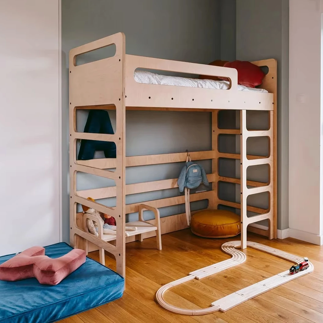Finnish Birch Plywood Montessori Kids Bunk Bed Eco-Friendly Multi-Functional Safe Rounded Edges Customizable Color Size Panel