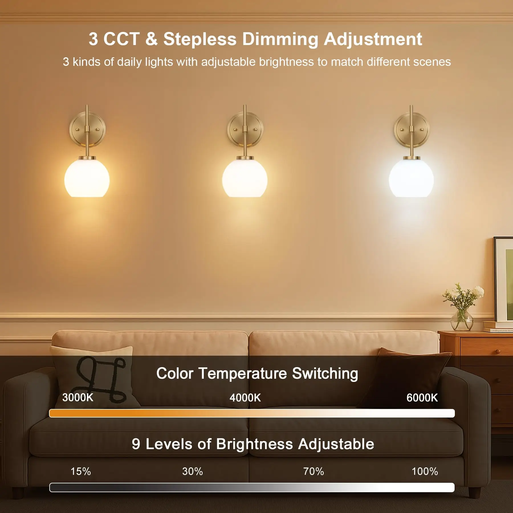 Gold Wireless Rechargeable Wall Sconces with Remote Control, RGB Battery Operated Wall Sconce Set of 2, LED Dimmable Wall Lights