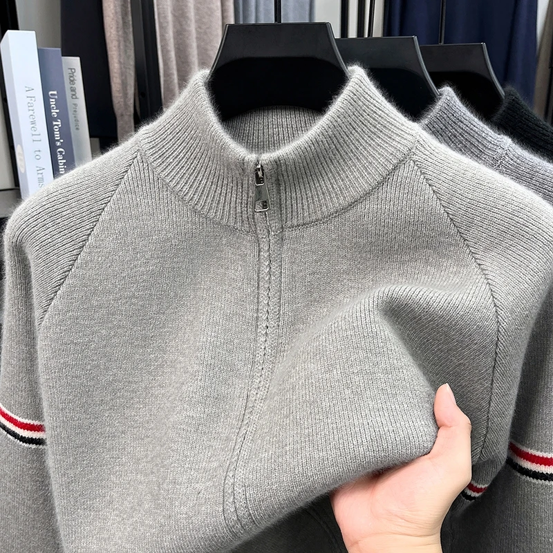 Heiß begehrtes Herren-Strickhemd für Herbst und Winter mit Reißverschluss, modischem Streifenmuster, Business-Casual, verdickt, neues Herren-Strickhemd – Detail 11