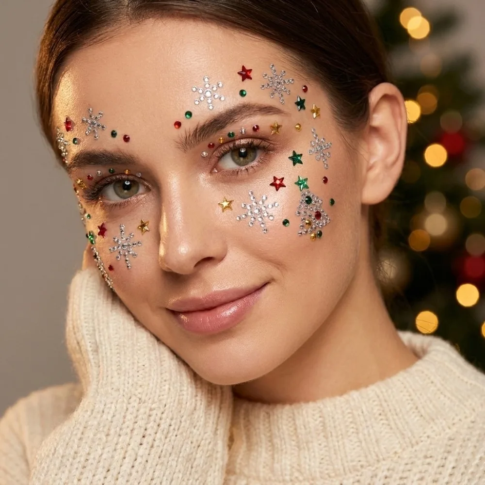 4Pcs Self-Adhesive Christmas Face Gem Sticker Set Red Green Silvery Xmas Tree Rhinestone Eye Body Decals Snowflake Multi-Size