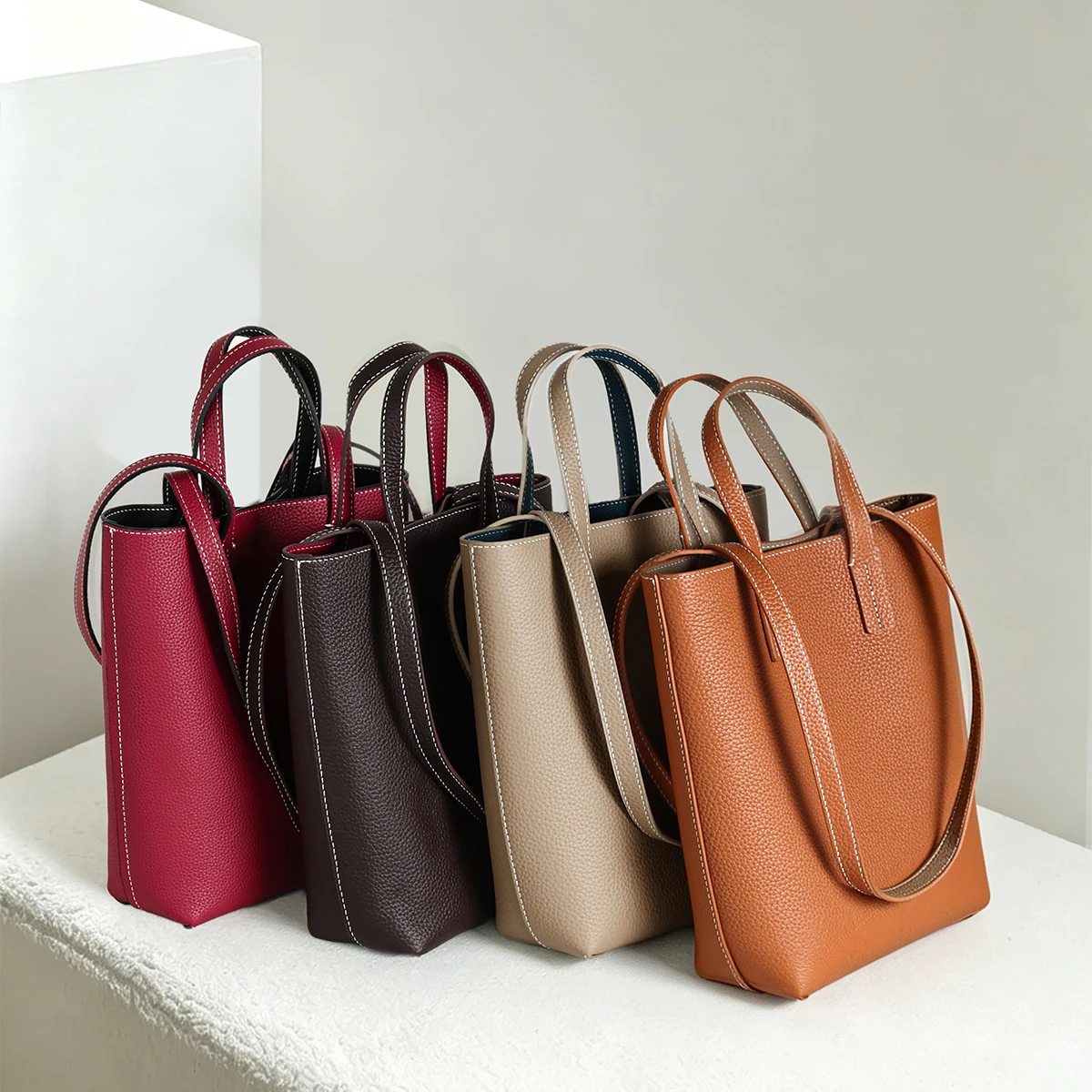 

Korean Style Genuine Cowhide Bucket Bag, Minimalist Commute Tote Basket Handbag, Top Grain Leather Shoulder Bag for Women