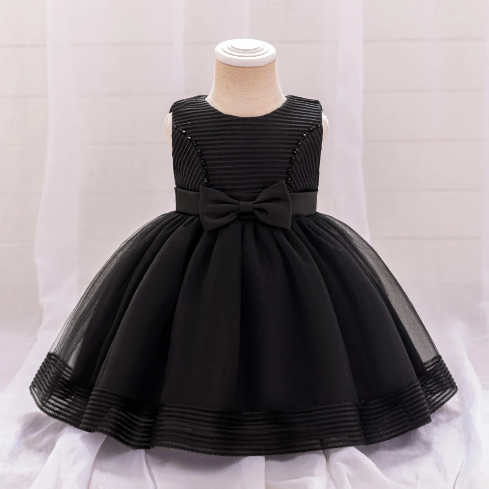 Ceremony Black 1 Year Birthday Dress For Baby Girl Clothes Bow Princess Dress Baptism Girls Dresses Sleeveless Party Gown 0-4Y