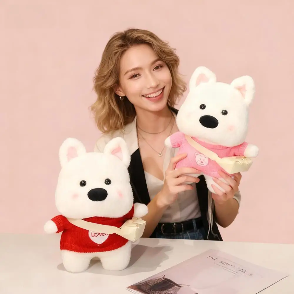 웨스트 하이랜드 도그 플러시 토이 드레스업 헤어밴드와 모자 포함 소년 소녀 아이 동반자 봉제 인형 귀여운 카와이 선물