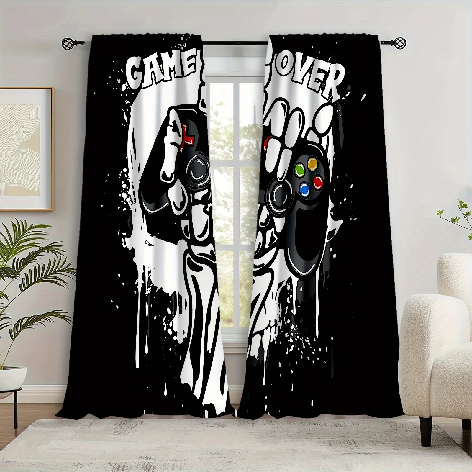 2pcs HD Digital Printed Curtains Home Decor Living Room Bedroom Rod Pocket Curtains Black And White Gamepad Print Bedroom Study