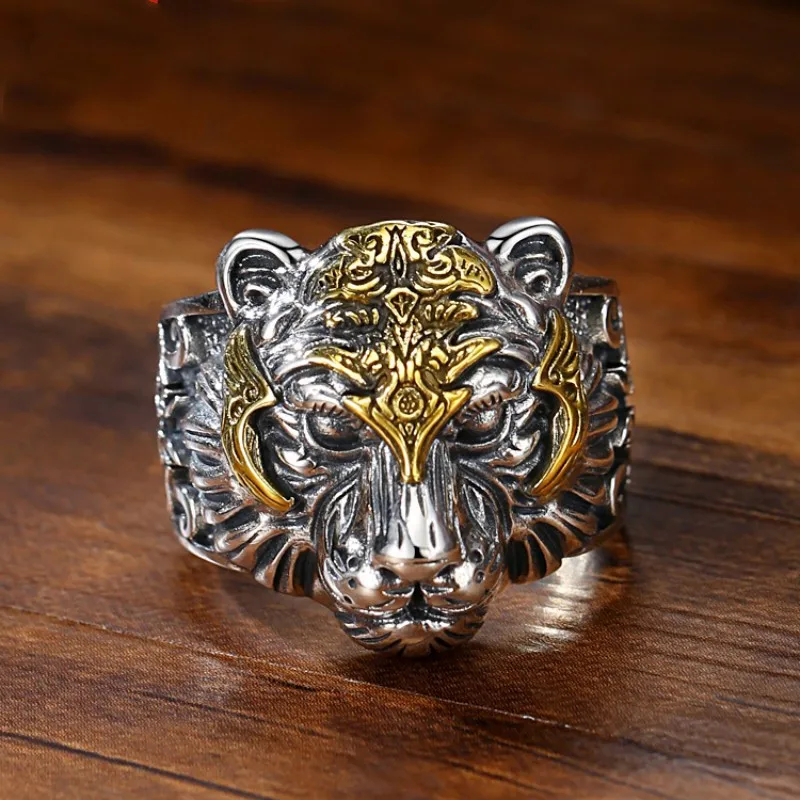 

Vintage Tiger Head Ring For Men Adjustable Open Band Stainless Steel Hip Hop Punk Personality Bold Male Finger Ring