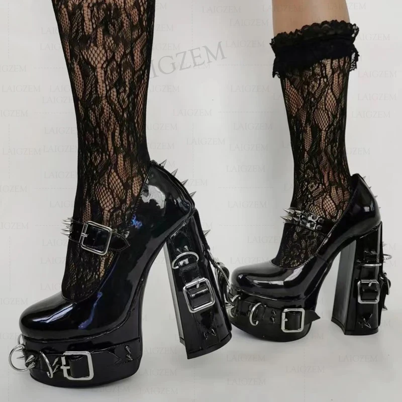 SEIIHEM Women Platform Pumps Buckle Straps Studded Chunky High Heels Sandals Gothic Cosplay Shoes Woman Big Size 39 41 42 45 47