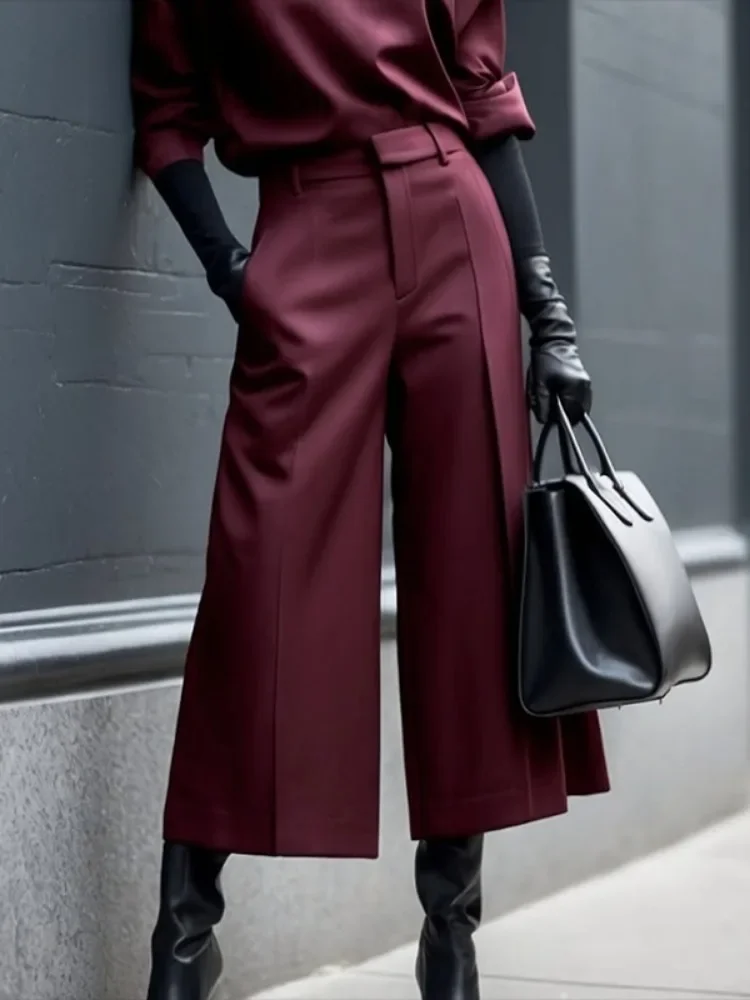 Women's Fashion Wide Leg Ninth Pants Solid Color High Waist Pleated Trousers 2025 Elegant Urban Pants for Office Ladies