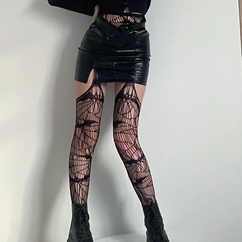 Gothic Bat Pattern Long Sexy Fishnet Stockings Punk Women Harajuku Emo Alternative Mesh Tights Thigh High Hosiery Halloween