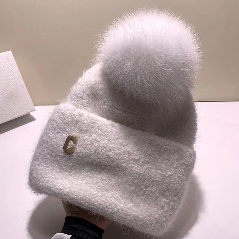 

New Winter Rabbit Fur Knitted Hat Women Warm Autumn Real Fox Fur Pom Pom Hat Female High-quality Fluffy Pompoms Beanies