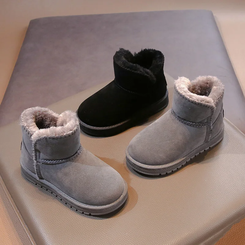 3-18 Years Old Children's Snow Boots Gray Padded Thickened Fur One Boys Girls Cotton Shoes Black Hundred Kid Big Cotton Shoes