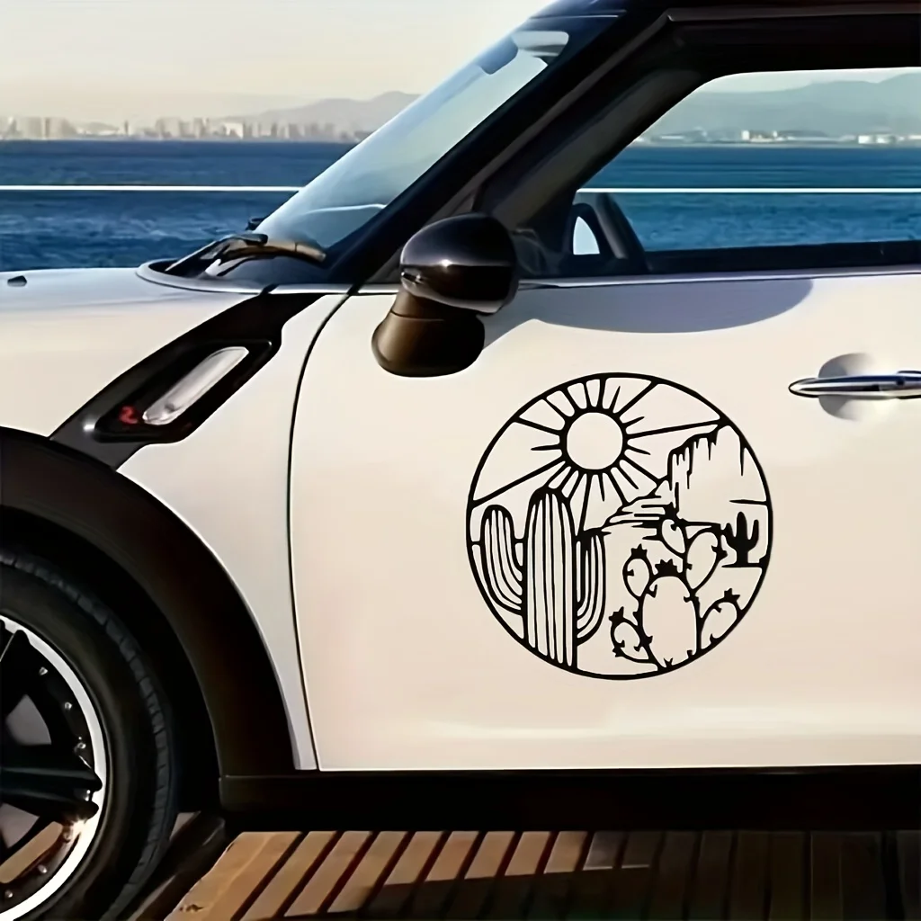 Desert Oasis Vinyl Car Decal - Cactus & Sun Design, Self-Adhesive Bumper Sticker for Left Side, Glossy Finish, Fantasy