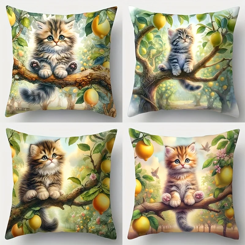 4 cute cat print pillowcases, designed with a pattern of cats sitting on lemon tree trunks. Features single-sided printing