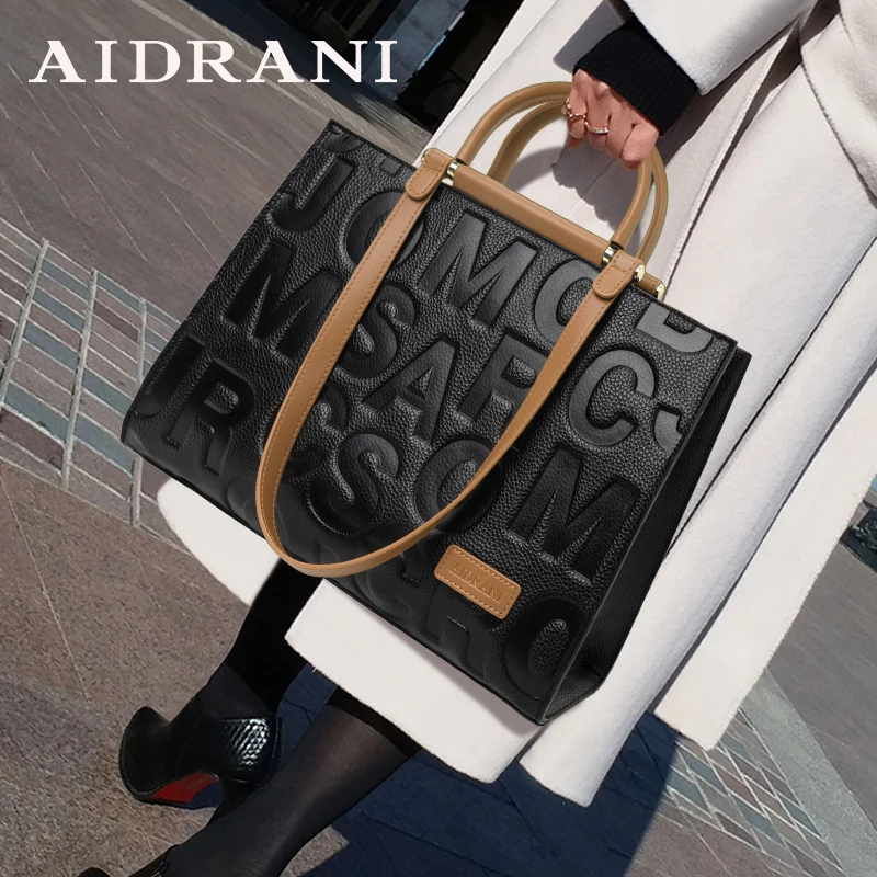 Aidrani Genuine leather women\'s handbag, large capacity square shoulder bag, letter design cowhide bag