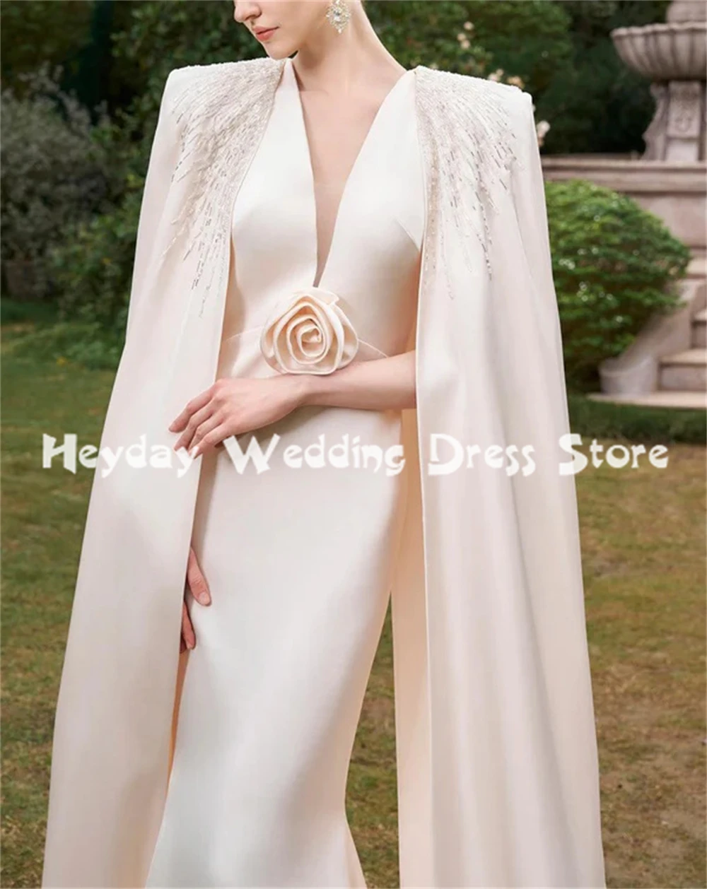 Heyday فساتين سهرة نسائية على شكل حرف v زهور ثلاثية الأبعاد حورية البحر بدون أكمام مع شال طويل مطرز بطول الأرض فساتين أنيقة 2025