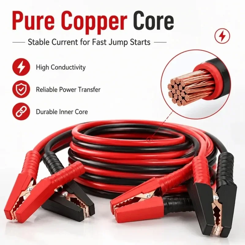 4M Heavy Duty Pure Copper Jumper Cables Car Battery Booster Cable High Conductivity with Alligator Clips Emergency Jump Start