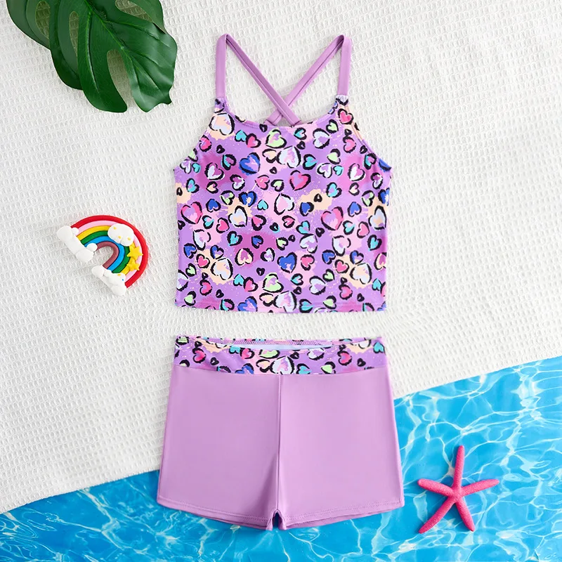 

Girls High Waist Bikini Sets Heart Print Crop Tops Kids Swimsuit 8-14 Years Children's Swimwear 2025 Teenage Bathing Suit Purple