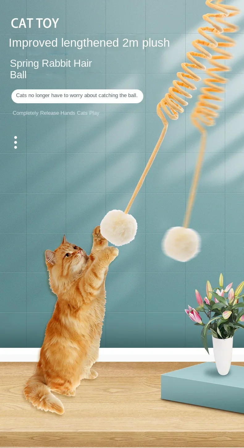 Pet supplies, self-hi suction cup spring, rabbit fur ball, cat teaser stick, retractable, hanging, swing, cat toys interactive