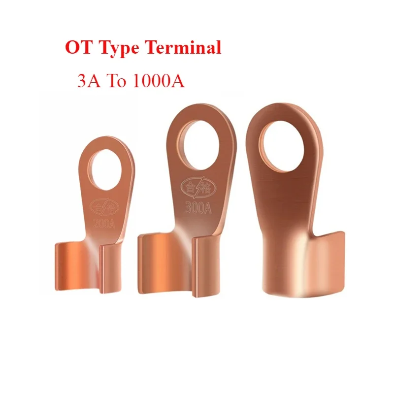 3A To 1000A OT Type Wire Terminal 100Pcs 50Pcs 10Pcs 5Pcs 1Pcs Red Copper Bare Nose Lugs Crimp Open Mouth Cable Connector Splice