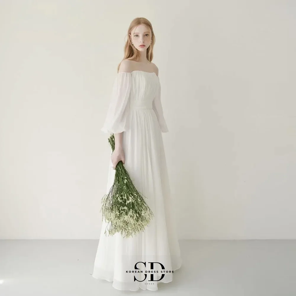 Zomer off-the-shoulder chiffon Koreaanse trouwjurken op maat gemaakte A-lijn pofmouwen bruiloft drukknoopjurk voor huwelijksreis