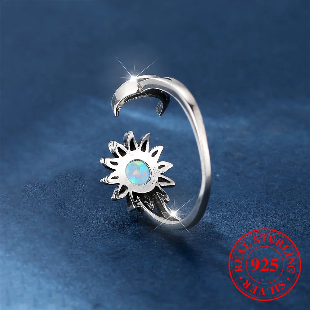 Carino femminile naturale bianco fuoco opale pietra girasole luna anello Vintage reale 925 gioielli da sposa in argento Sterling aperto per le donne