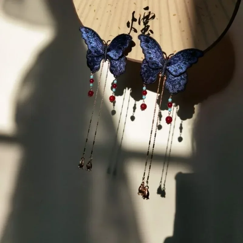 

Оригинальные синие вышитые бабочки с кисточкой на клипсе Hanfu, аксессуары для платья для женщин, аксессуары для волос в восточном стиле, реквизит