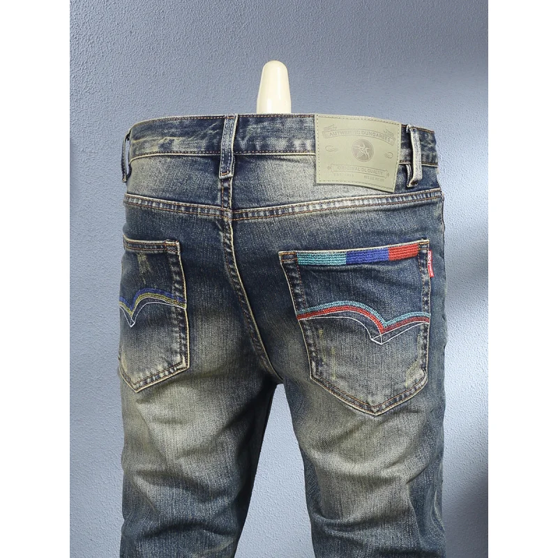 2025 autumn new washed retro vintage jeans men, elastic high street trendy small leg pants