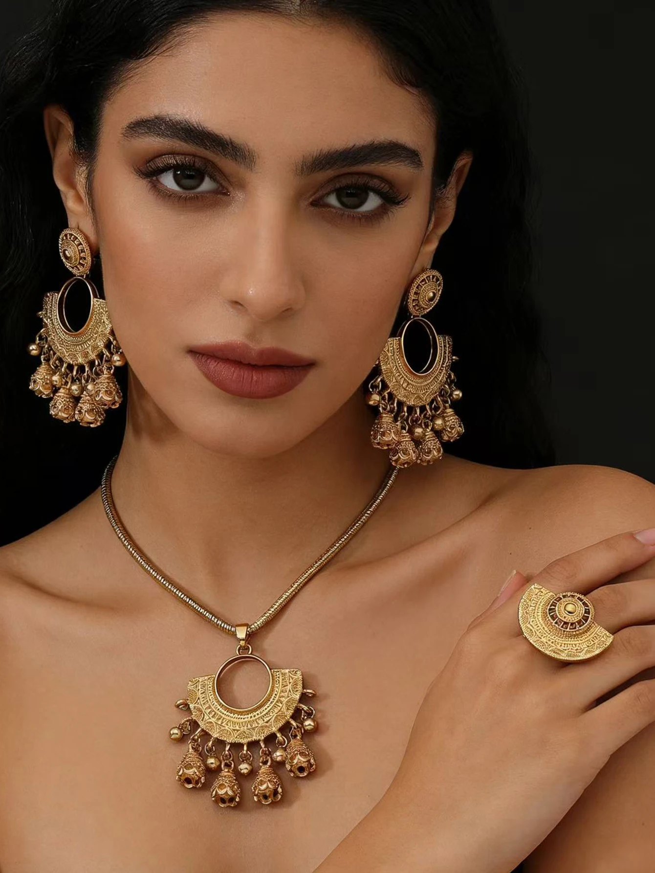 Original Jewelry Set Gold Tassel Wind Chime Pendant Necklace Earrings Ring set high quality  Wedding Gift for Women