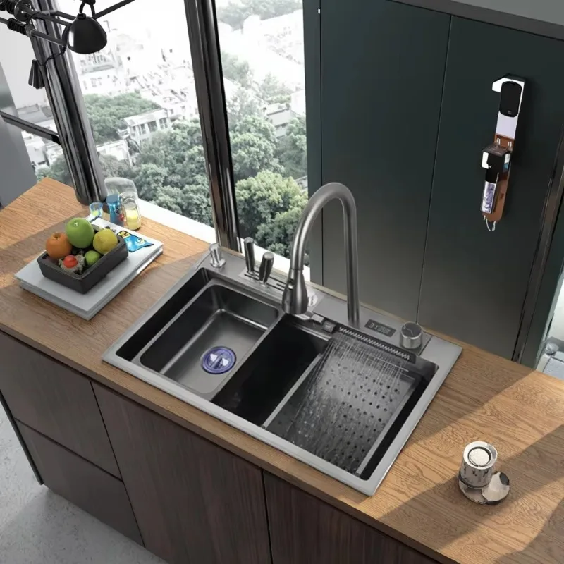 Luxury Smart Single Bowl Kitchen Sink with Waterfall Faucet Stainless Steel Three Holes