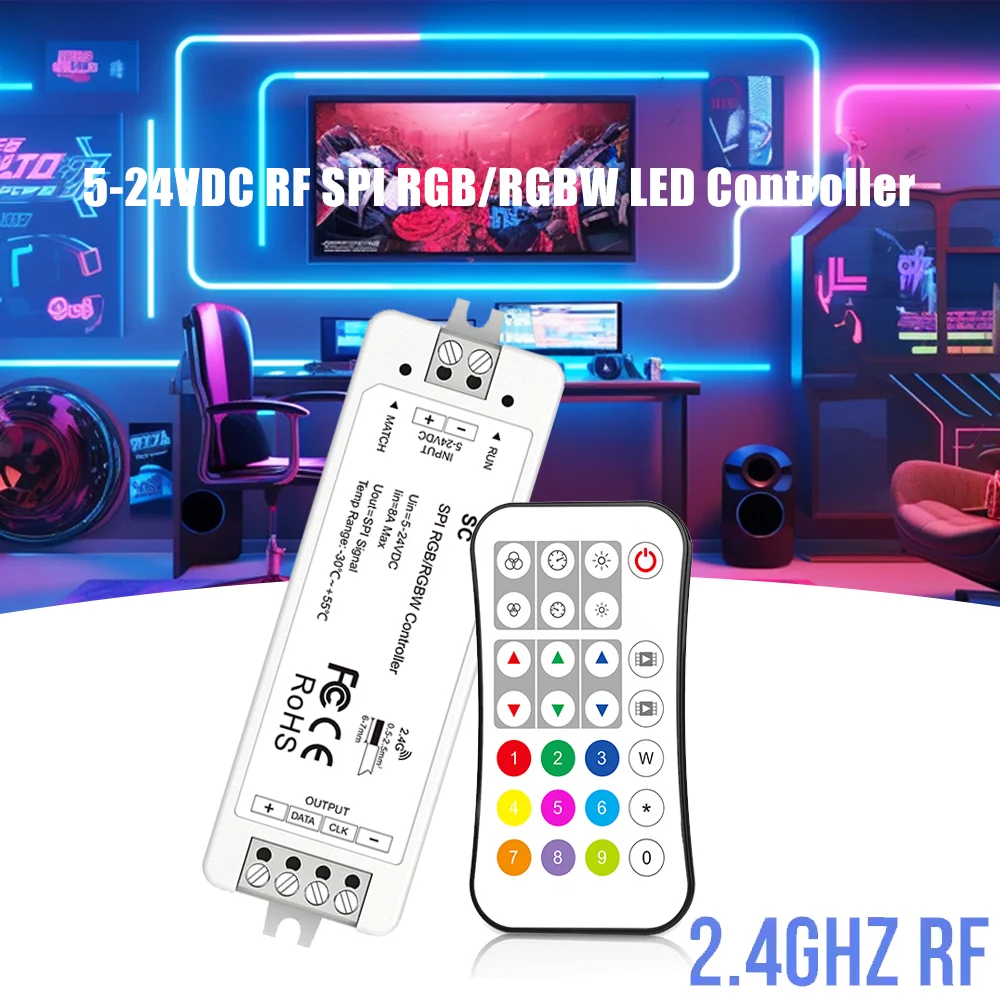 2.4G RF SPI Led Controller DC5-24V RGB/RGBW WS2811 2812 2814 SK6812 LED Strip Addressable Dynamic RF Remote LED Controller KIT