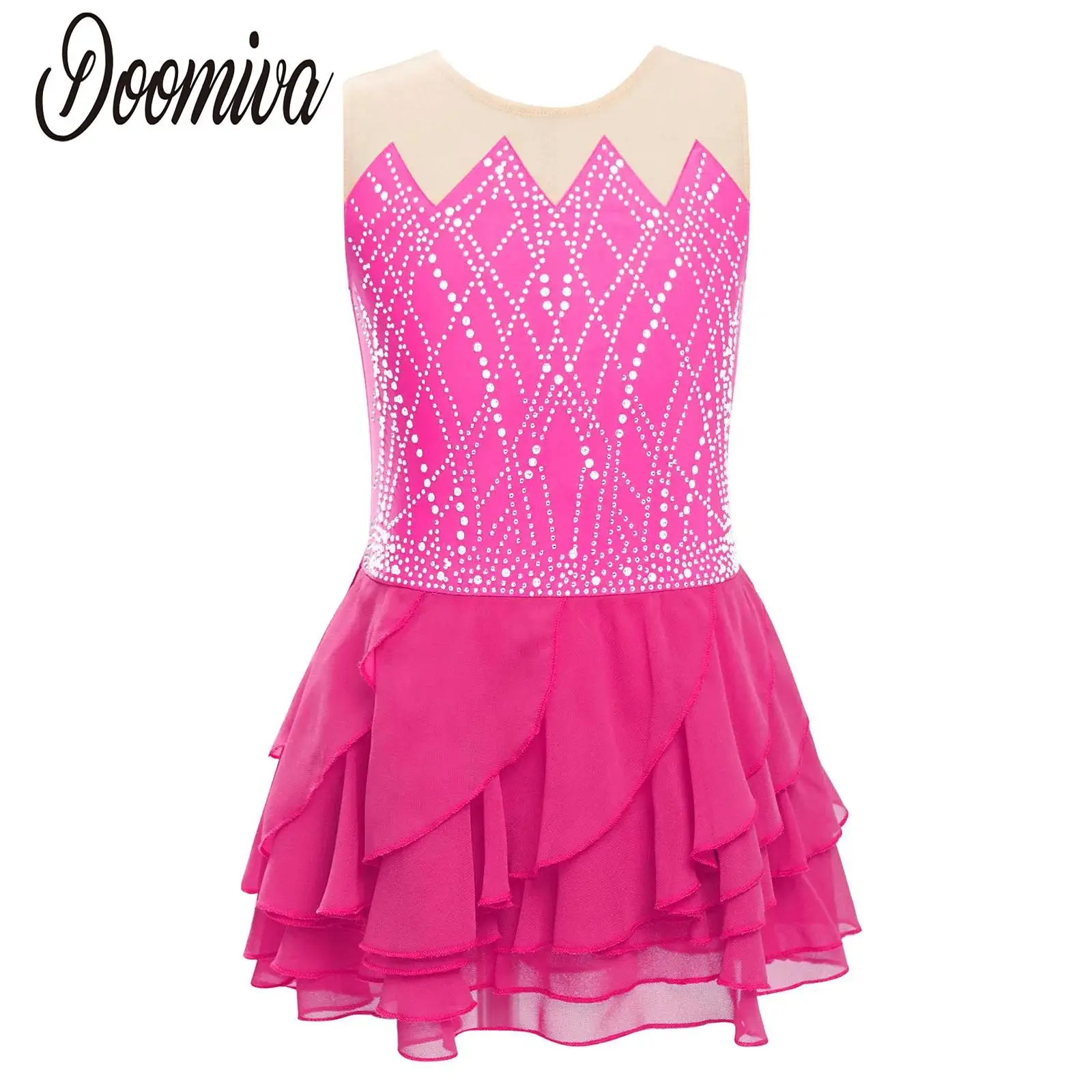 

Figure Skating Dance Dress for Girls Lyrical Tutu Dancewear Sleeveless Shiny Rhinestones Tiered Ruffled Skating Ballet Dress