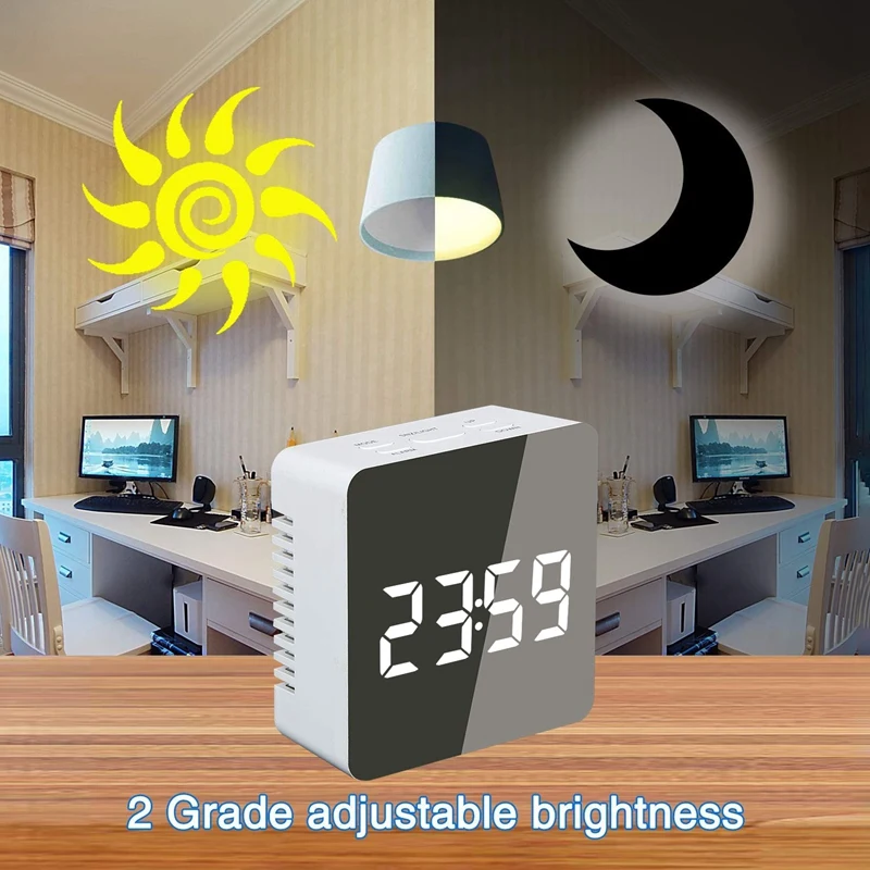 PWS Mirror Clock Alarm Clock Snooze LED Digital Table Clock Time Temperature Large Electronic Display Digital Desk Clock