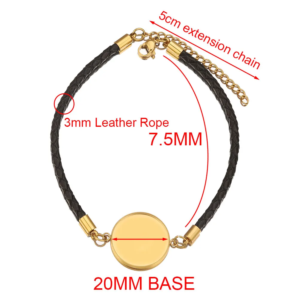 Kit com 4 Bases de Pulseira em Aço Inoxidável com Cordão de Couro para Cabochão Redondo, Bandejas de Engaste DIY para Joias