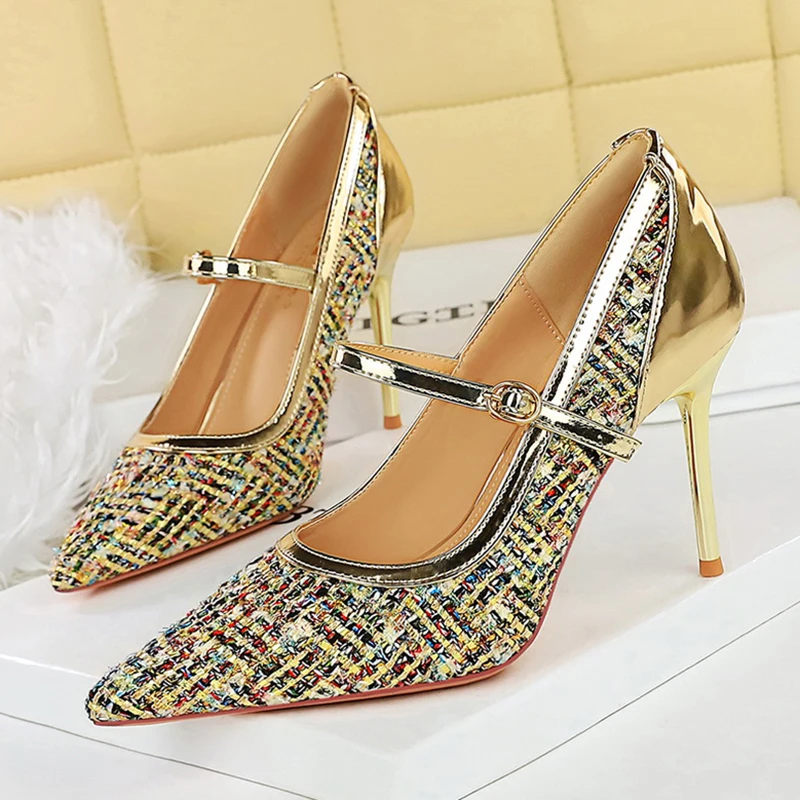 

Женские модные женские туфли-лодочки на высоком каблуке 9,5 см из золотой ткани с острым носком на шпильке, женская стильная удобная обувь для вечеринок