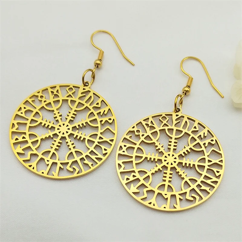Norse Runes Viking Compass Earrings for Women Stainless Steel Gold Color Vegvisir Talisman Ear Hook Scandinavian Jewelry E7023S0