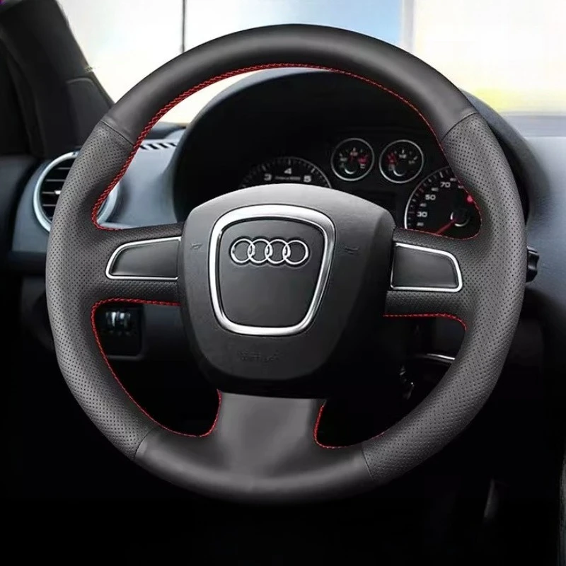 For Audi A3 8P Sportback A4 B8 Avant A5 8T A6 C6 A8 D3 Q7 8R Q5 S3 hand stitched black genuine leather car steering wheel cover