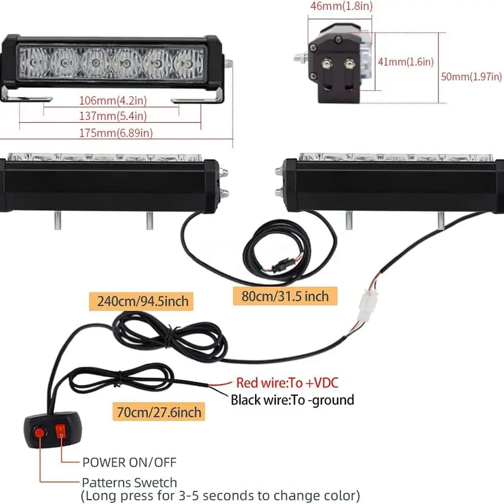 Barra per luci stroboscopiche di emergenza a LED rosso/blu bicolore con opzione verde, montaggio superficiale per motocicli, utilità e costruzione
