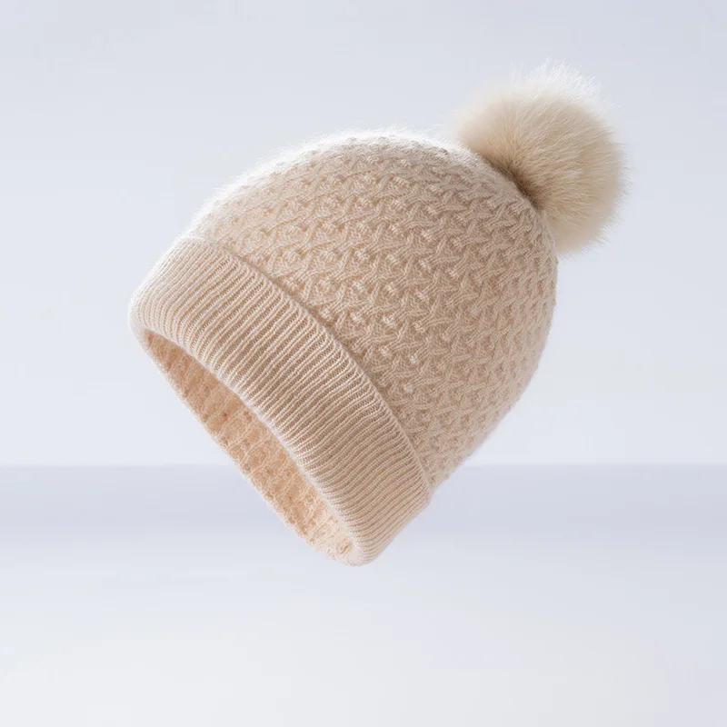 

Natural Cashmere Pom Poms Caps Winter Hat for Women Cashmere Knitted Beanie Cap Female Thicken Skullies Beanies Hat