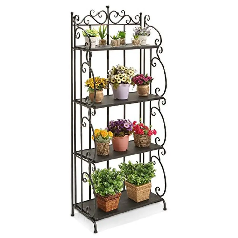 Black Metal Decorativo Bakers Rack, 4 Prateleiras Tiered, Scrollwork Frame, Indoor Planta Stand, Bookshelf Organizer