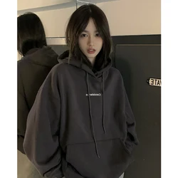 Fashion Dark Grey Hoodie Fleece Thicken Sweatshirt Long Sleeve Korean Letter Printing Baggy Female Tops Pullover Hoodie Autumn