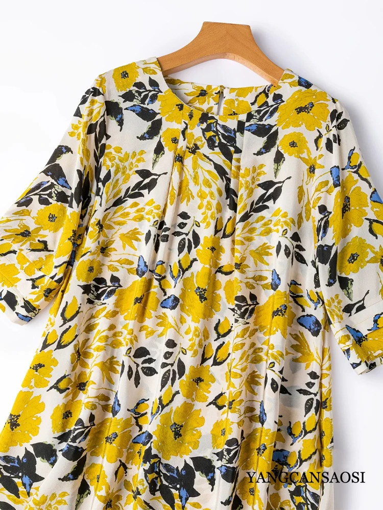 Hawaiian Vacation Style 100% Natural Mulberry Silk Crepe De Chine Yellow Oil Painting Printed Round Neck Half Sleeve Loose Dress