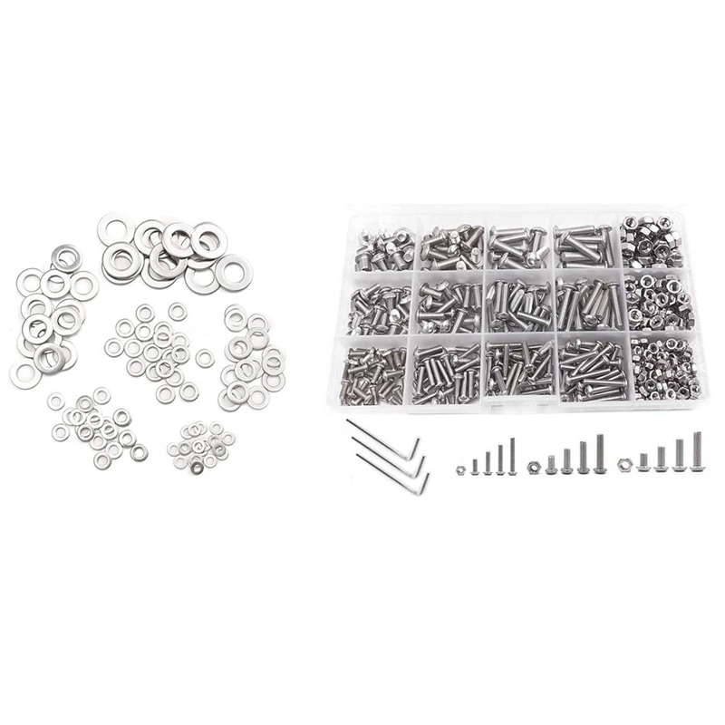 

500 Pcs M3 M4 M5 Stainless Steel Button Head Hex Socket Head Cap Bolts Screws & 105Pcs 304 Flat Stainless Steel Washers