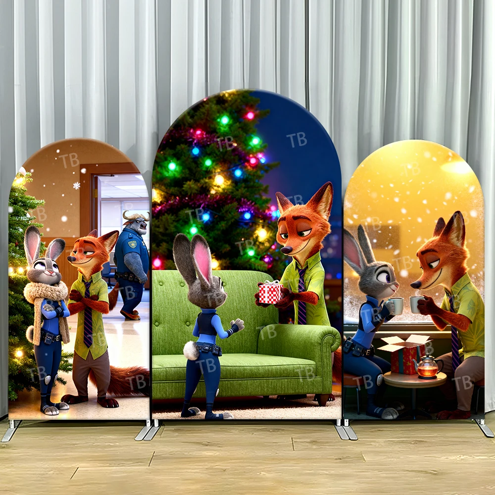 

Zootopia Judy Nick Christmas Arch Backdrop Cover Gift Scene For Kids Birthday Party Warm Cartoon Theme Photo Booth Decor Prop