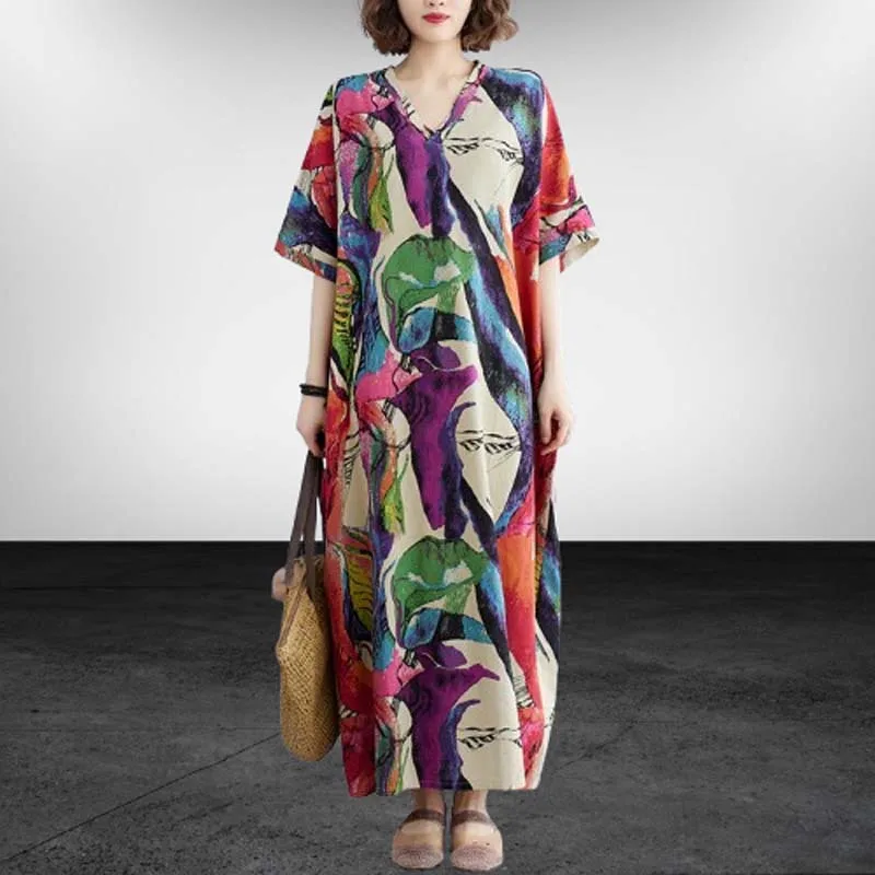 الصيف المتضخم قصيرة الأكمام القطن الكتان خمر فساتين مُزينة بنقشة الزهور المرأة عادية فضفاض ماكسي فستان صيفي طويل ملابس أنيقة