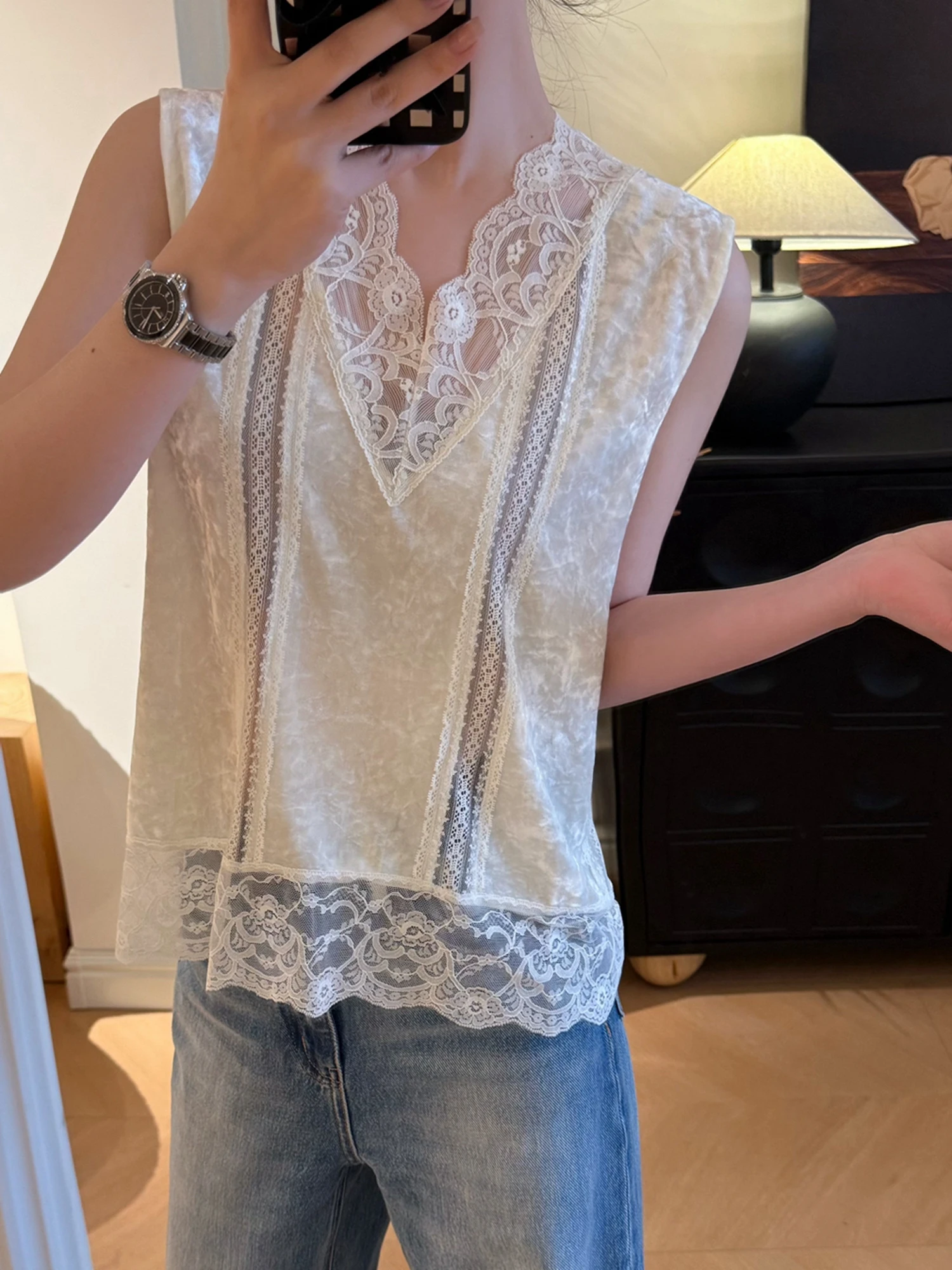 

Cao Daman Velvet Lace Tank Top Women Loose Casual Svel irt Quali Base Layer Original Design Polyester Fiber