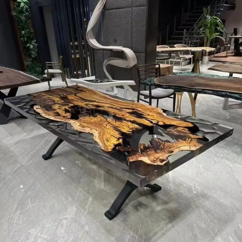 Luxury Factory Direct Solid Walnut Wood Cafe Kitchen Restaurant Coffee River Epoxy Resin Slab Dining Table