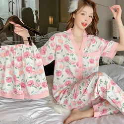 Ladies 3 Piece Pajamas Homewear Women Casual Dress Short Sleeve Shorts Long Pants Pajamas Loose Girls Homewear Pajamas