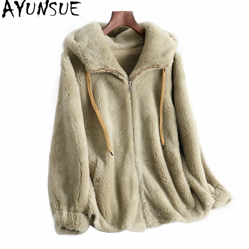 سترة نسائية من الصوف الطبيعي 100% من AYUNSUE سترة شيرلينغ مخملية حبيبية مع قلنسوة معطف شتوي متوسط الطول للمرأة Abrigo Mujer